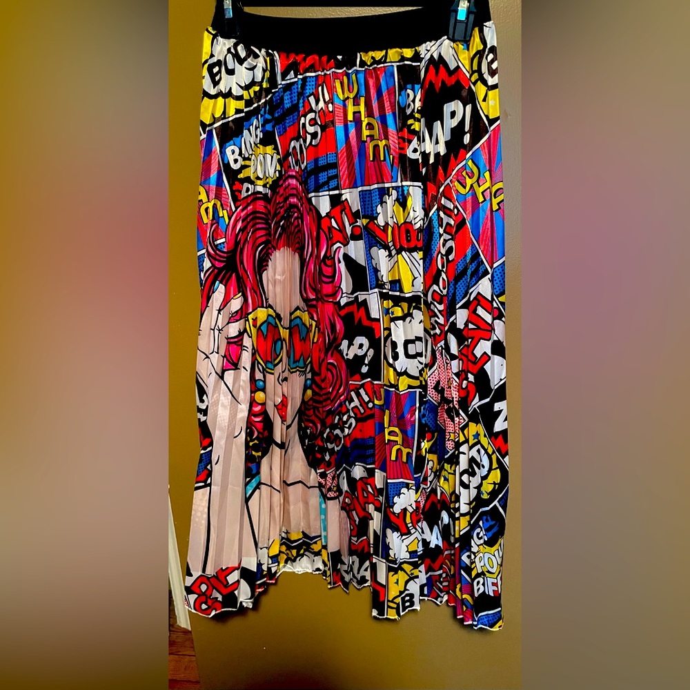 Pop Art Lichtenstein Inspired Pleated Graphic Print Midi Skirt